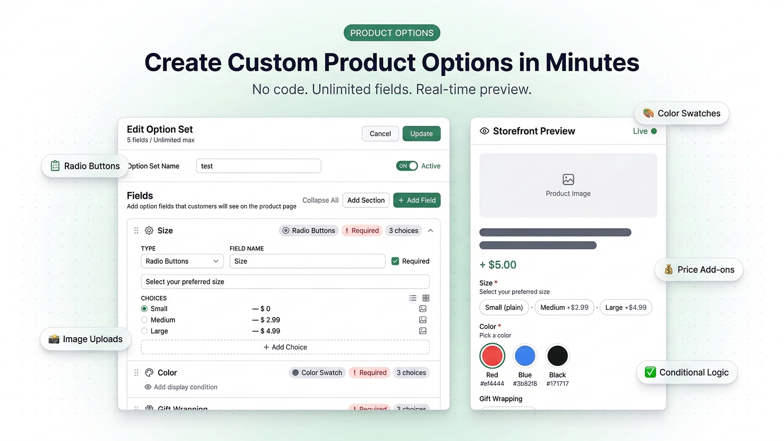 Option Set Builder — create custom product options with color swatches, radio buttons, and pricing