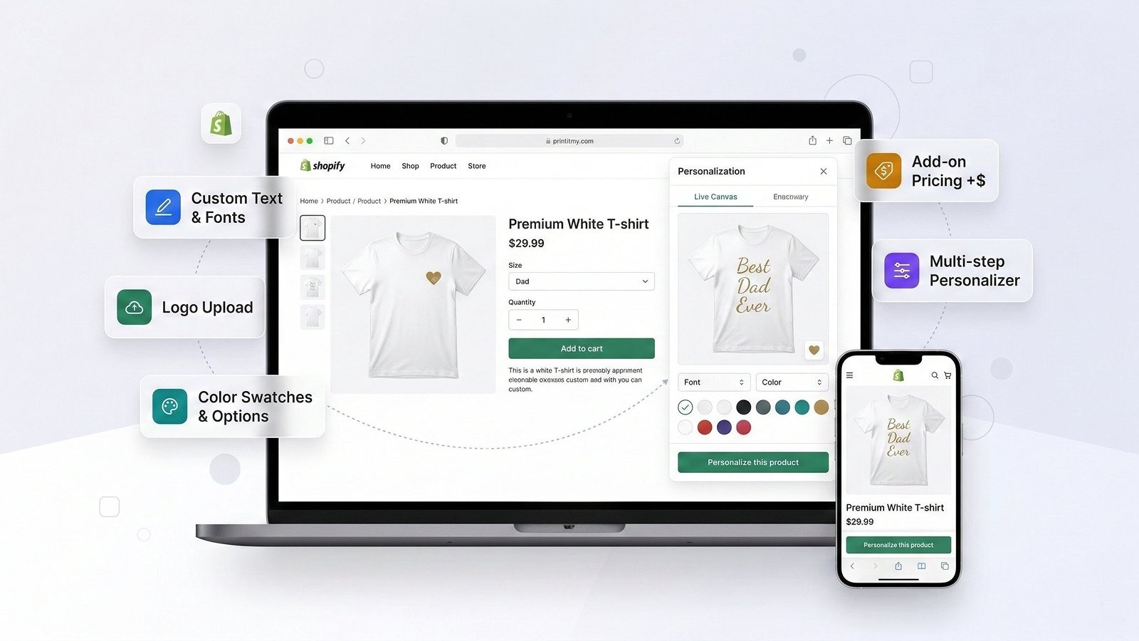 Print It My Way — Shopify product personalizer with live canvas preview, custom text, logo upload, and color swatches